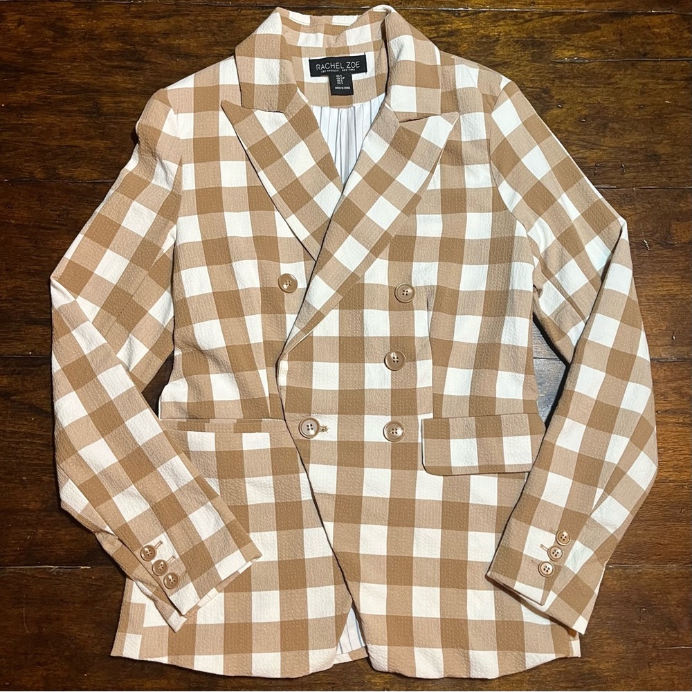 RACHEL ZOE Blazer Womens S Tan Brown Plaid Double Breasted Chic Old Money Preppy